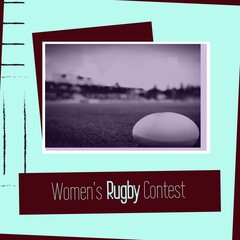 Composition of womens rugby contest text over sports stadium