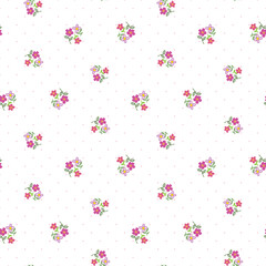 Seamless Pattern of Hand Drawn Flower Design on White Background with Pink Dots