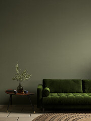 Green interior with sofa and decor. 3d render illustration mockup. © YKvisual