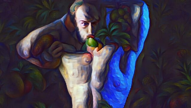 Abstract animation of a man portrait with impressionist style. Impressionism digital painting. AI generated NFT crypto art. 