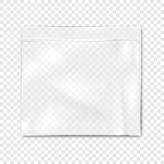 Clear vinyl resealable zipper pouch on transparent background vector mockup. Blank empty square plastic bag with zip lock mock-up