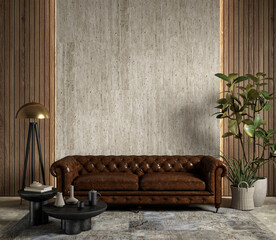 Interior with brown leather chester sofa, stone wall panel, backlight, plants and decor. 3d render illustration mockup.