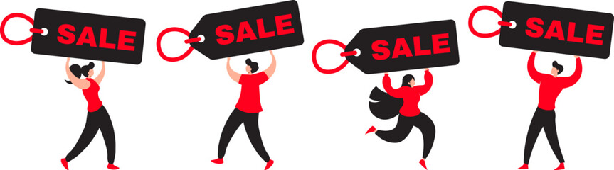 Male And Female Character Holding Black Friday Sale Tag Flat Illustration