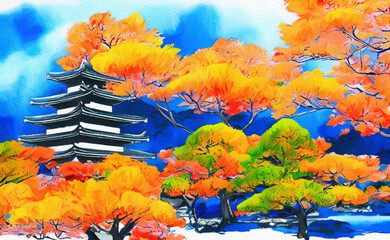 Watercolor drawing Japan landmark in autumn. Famous Japanese place, landscape and historical building. Hand drawn art illustration, wall print for interior decoration. Nature in Asia, Asian temple