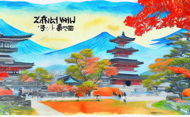 Watercolor drawing Japan landmark in autumn. Famous Japanese place, landscape and historical building. Hand drawn art illustration, wall print for interior decoration. Nature in Asia, Asian temple - 528476074
