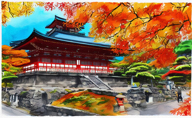 Watercolor drawing Japan landmark in autumn. Famous Japanese place, landscape and historical building. Hand drawn art illustration, wall print for interior decoration. Nature in Asia, Asian temple