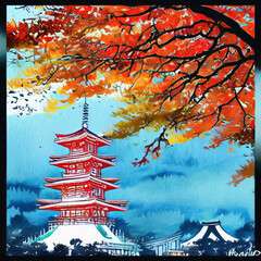 Watercolor drawing Japan landmark in autumn. Famous Japanese place, landscape and historical building. Hand drawn art illustration, wall print for interior decoration. Nature in Asia, Asian temple