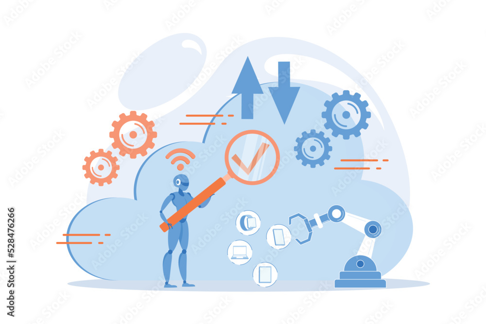Poster robot studying cloud technology through magnifier. artificial intelligence, machine learning, cloud 