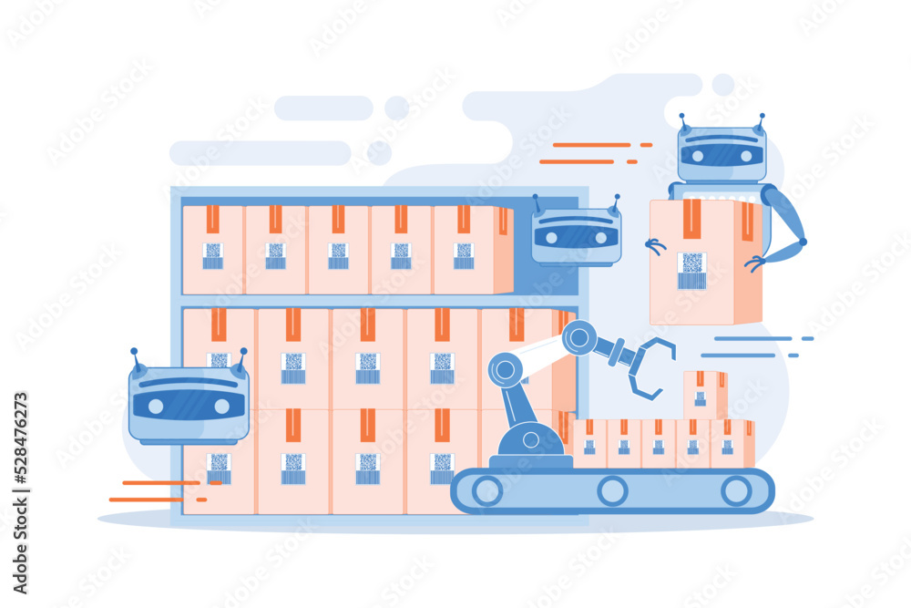 Poster storehouse automatic packages loading technology. warehousing robotization, warehouse robotics engin
