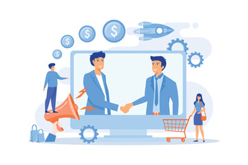 Profitable partnership, business partners cowork. Affiliate marketing, cost effective marketing solution, affiliate marketing management concept.flat vector modern illustration