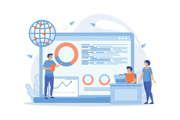 Professor with charts teaching students from laptop screen and globe. Distance education, off-campus learning, distance learning degree concept. flat vector modern illustration