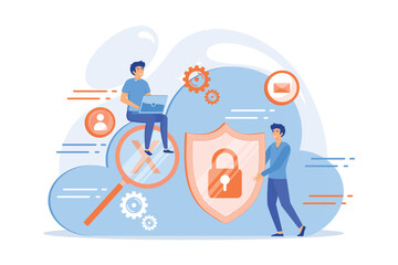 Man holding security shield and developer using laptop. Data and applications protection, network and information security, safe cloud storage concept. flat vector modern illustration