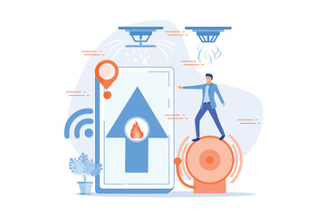 Flame in house remote notification. Smart home, high tech. Fire alarm system, fire prevention methods, smoke and fire alarm concept.flat vector modern illustration