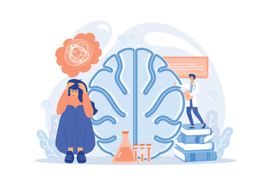 Patient With Thought Bubble And Doctor Examining Brain. Alzheimer Disease And Dementia, Dotage And Memory Loss Concept On White Background. Flat Vector Modern Illustration