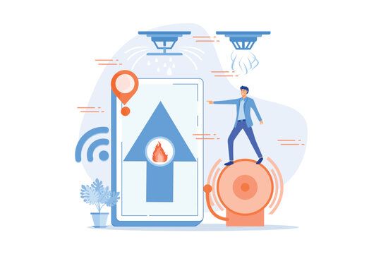 Flame In House Remote Notification. Smart Home, High Tech. Fire Alarm System, Fire Prevention Methods, Smoke And Fire Alarm Concept.flat Vector Modern Illustration