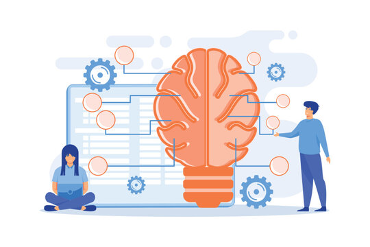 Big brain with circuit and programmers. Artificial intelligence, machine learning and data science, cognitive computing concept on white background. flat vector modern illustration