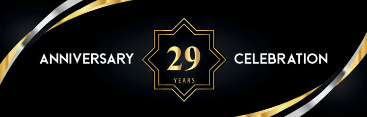 29th anniversary celebration with gold star frames and creative silver shapes on black background. Premium design for the ceremony, jubilee, birthday party, greeting card, wedding, and banner.