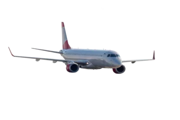 Foto auf Leinwand Slide view of jet aircraft, isolated. modern jet airplane with body prepare for landing isolated on white background © Alexey Lesik