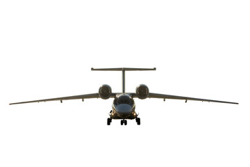 Slide view of jet aircraft, isolated. modern jet airplane with body prepare for landing isolated on white background