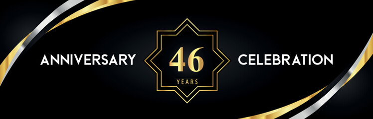 46th anniversary celebration with gold star frames and creative silver shapes on black background. Premium design for the ceremony, jubilee, birthday party, greeting card, wedding, and banner.