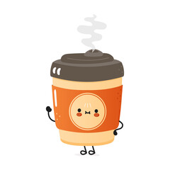 Cute funny cup of coffee waving hand character. Vector hand drawn cartoon kawaii character illustration icon. Isolated on white background. Cup of coffee character concept