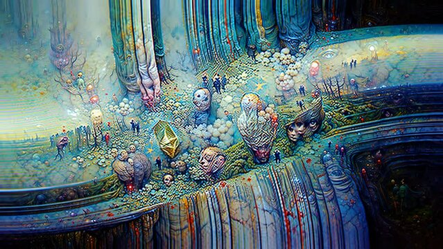 AI generated NFT crypto art of fairy tale forest with trees in pixel art style. Digital image manipulation of an artificial intelligence.Cyberart travel into the mind concept.