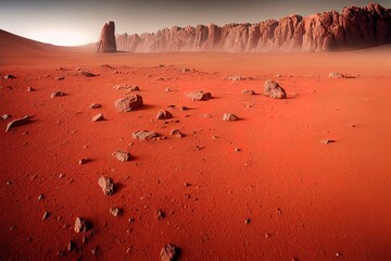 Planet mars, photography on land, 3d render. Mars, red landscape.