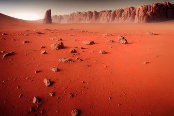 Schilderijen op glas Planet mars, photography on land, 3d render. Mars, red landscape. © Fortis Design