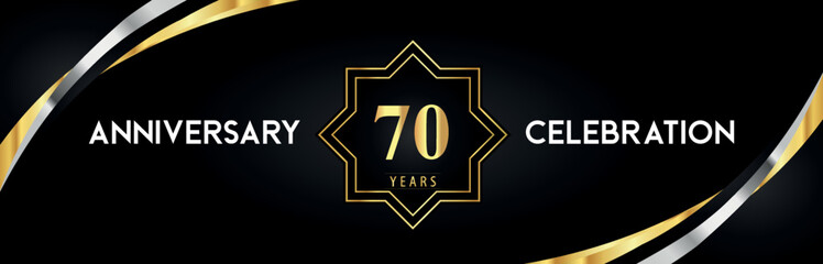 70th anniversary celebration with gold star frames and creative silver shapes on black background. Premium design for the ceremony, jubilee, birthday party, greeting card, wedding, and banner.