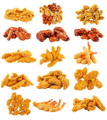 Assorted fried chicken and tempura shrimp collage