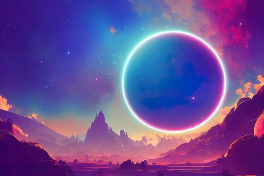 Surreal colorful eclipse in space illustration. Fantasy landscape digital painting