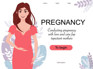 Web site design about pregnancy management. Vector illustration of a pregnant girl with long hair. Delicate image.