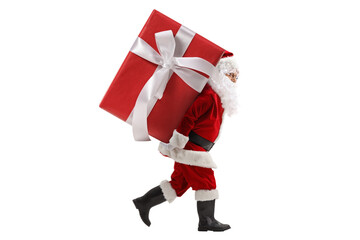 Full length profile shot of santa claus carrying a big preset on his back - Powered by Adobe