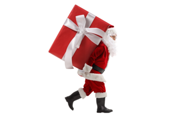 Full length profile shot of santa claus carrying a big preset on his back