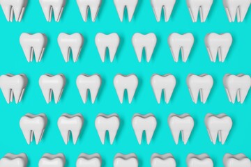 White healthy teeth motion 3D rendering pattern on blue background. National Dentist's Day Digital molar tooth anatomy model. Wisdom teeth extraction Oral care recovery. Dental Insurance Clinic banner