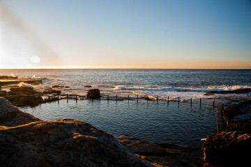 Mahon Pool famous rockpool in Maroubra, Sydney during sunset