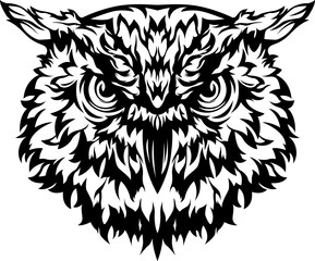 Vector owl isolated illustration. Black color on white background image. Wild bird design and tattoo.
