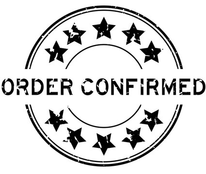 Grunge black order confirmed word with star icon round rubber seal stamp on white background