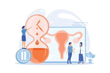 Female personal health concern, worry. Woman getting checked by doctors. Menopause, women climacteric, hormone replacement therapy concept.flat vector modern illustration