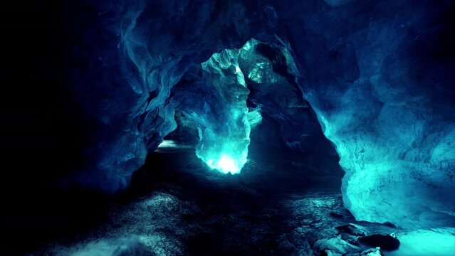 Blue crystal ice cave beneath the glacier in Iceland
