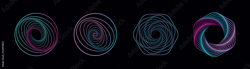 Poster set of twisted spirals. sacred geometry. tunnel with lines in the form of a circle and hexagons. vec