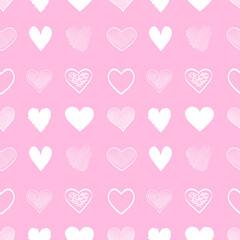 Fototapeta na wymiar Hand drawn background with colored hearts. Seamless grungy wallpaper on surface. Abstract texture with love signs. Lovely pattern. Line art. Print for banner, flyer or poster. Colorful illustration