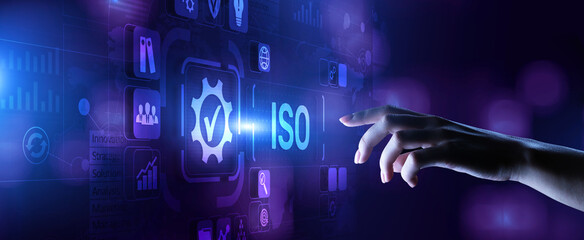 ISO Standard certification standardisation quality control concept on screen.