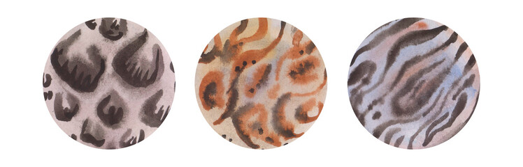 A set of three watercolor vintage illustrations. Creative hand drawn posters with abstract shapes and paint streaks. Minimalistic pastel backgrounds for interiors, prints. Wild animals. Leopard.