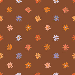 Groovy daisy flowers seamless pattern, 60s, 70s retro style. Rainbow daisies on a brown background. Pink, orange, purple and red colors.