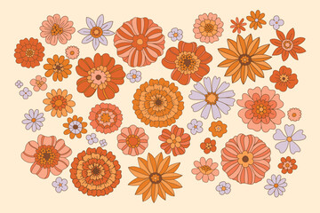 70s flowers. Hippie aesthetic vector illustration. Set of floral elements in the retro style of the 70's, 60's. Boho chic floral background. Flover power.Groovy design. © Sleepy garden