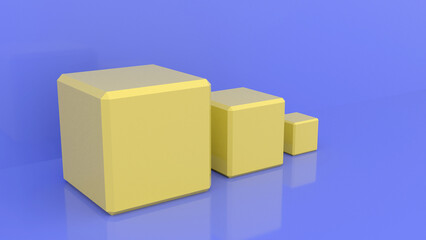 Yellow geometric bodies in a blue interior. Yellow cubes lined up in size. 3d render.