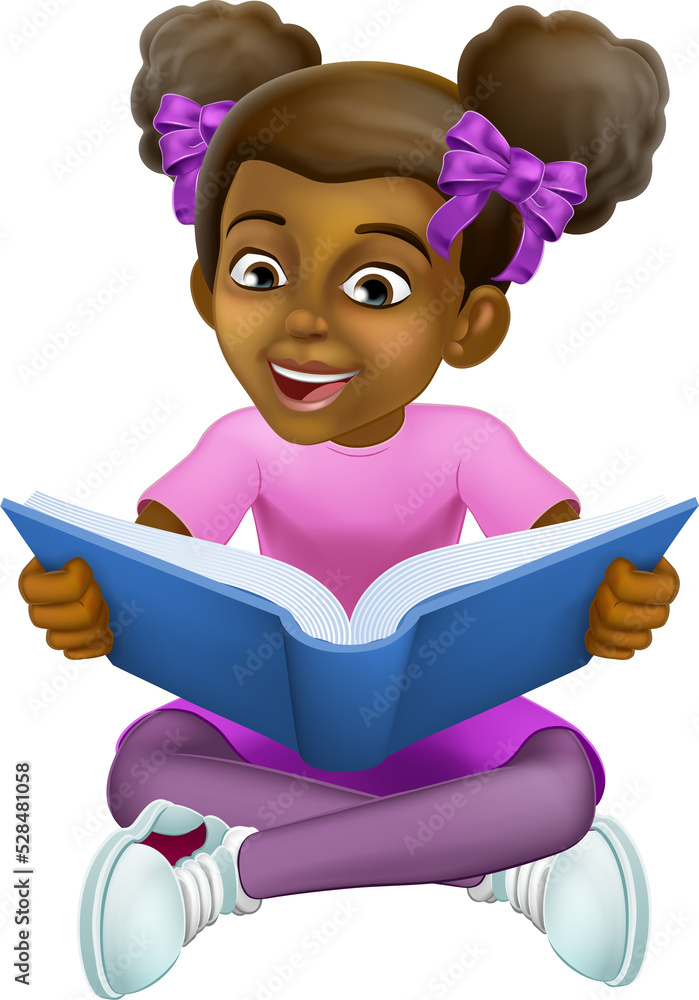 Wall mural black girl child cartoon kid reading book