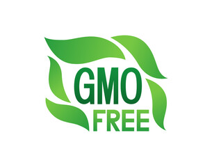 GMO Free vector Sticker illustration. Label with Green Leaves for Eco and Natural production.