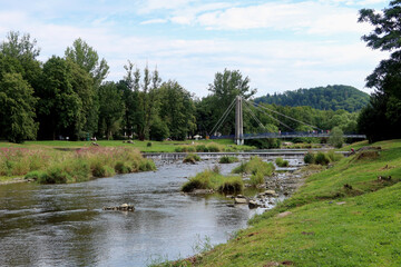 Vistula river in Ustron village. Silesian Beskids mountains region. Poland